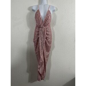 Hausen Dress Womens Small Pink Sequin Midi Criss‎ Cross Back Plunge Hemline